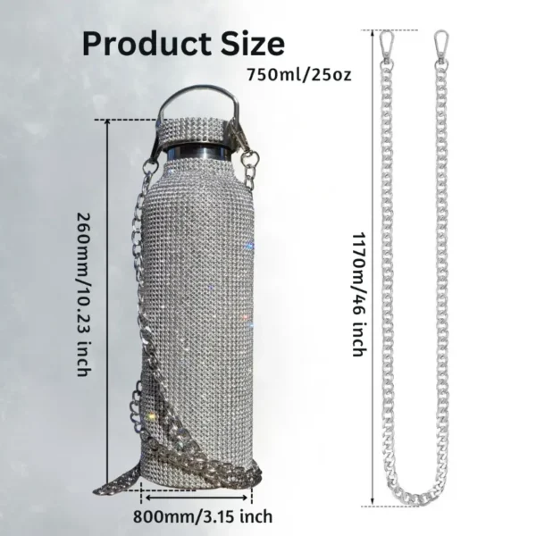 silver bedazzled rhinestone water bottle 25oz dimension