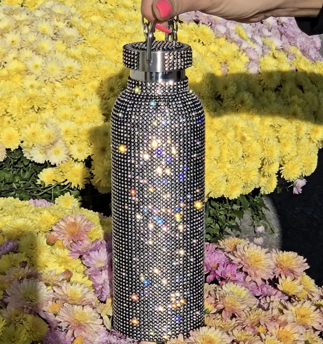 sweet lily rhinestone water bottle black